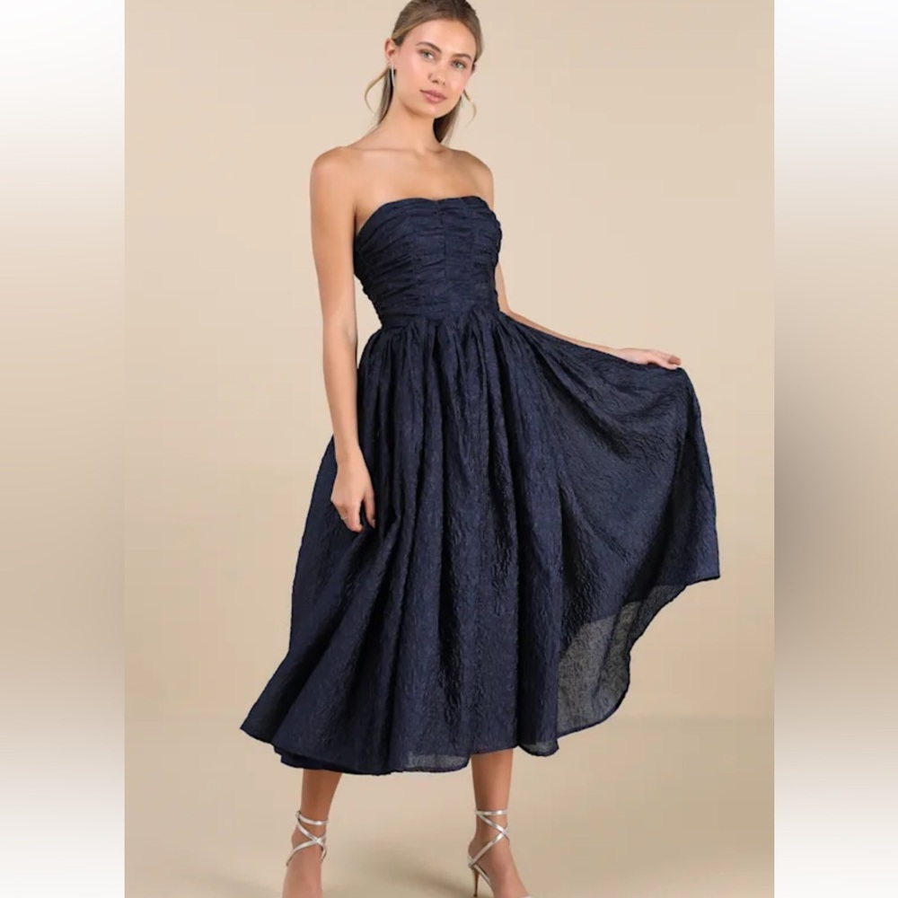 Lulus Analeia Jacquard Lace-up Strapless Midi Dress Navy Blue Sz Small Princess
